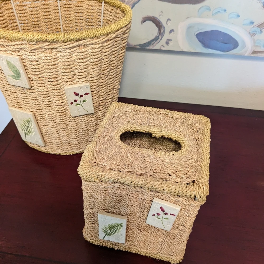 Woven Wicker Trash Can & Tall Tissue Box Cover Bohemian EUC Floral Tiles 2 Pcs